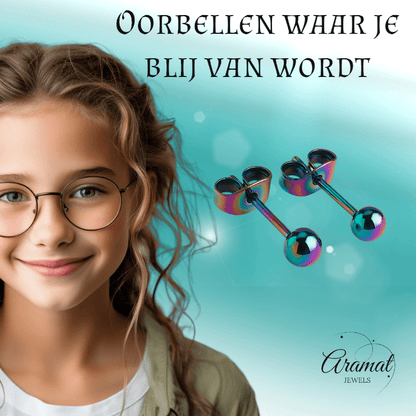 Regenboogkleurige bolletjes oorstuds 4 mm - oor4141 - Oorbellen kopen# - 4mm - alles - bolletjes