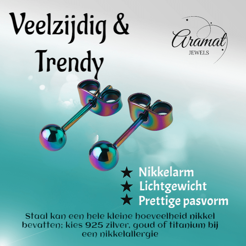 Regenboogkleurige bolletjes oorstuds 4 mm - oor4141 - Oorbellen kopen# - 4mm - alles - bolletjes