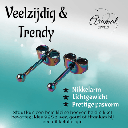 Regenboogkleurige mini oorstuds 2 mm - oor4130 - Oorbellen kopen# - 2mm - alles - bolletjes