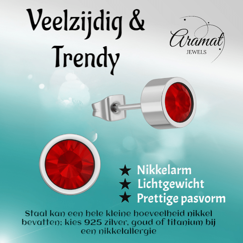 Rode kristal oorstekers – 5mm zilverkleur RVS - Aramat Jewels - Oorbellen - cadeautip