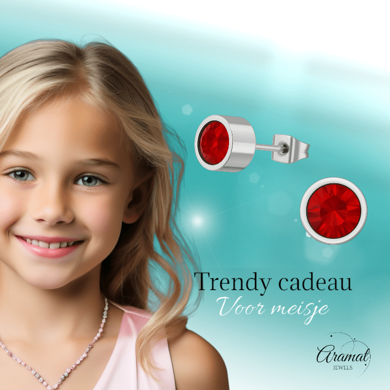 Rode kristal oorstekers – 5mm zilverkleur RVS - Aramat Jewels - Oorbellen - cadeautip
