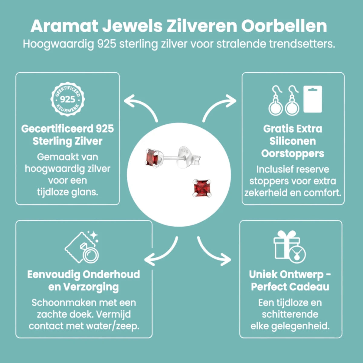 Rode Zirkonia Vierkante Zilveren Oorbellen 3mm - Aramat Jewels - Oorbellen - cadeautip