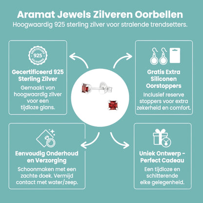 Rode Zirkonia Vierkante Zilveren Oorbellen 3mm - Aramat Jewels - Oorbellen - cadeautip
