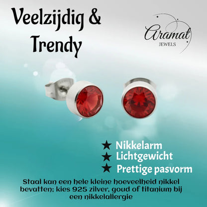 Oorstekers – Staal Kristal Rood Zilverkleur (7mm)