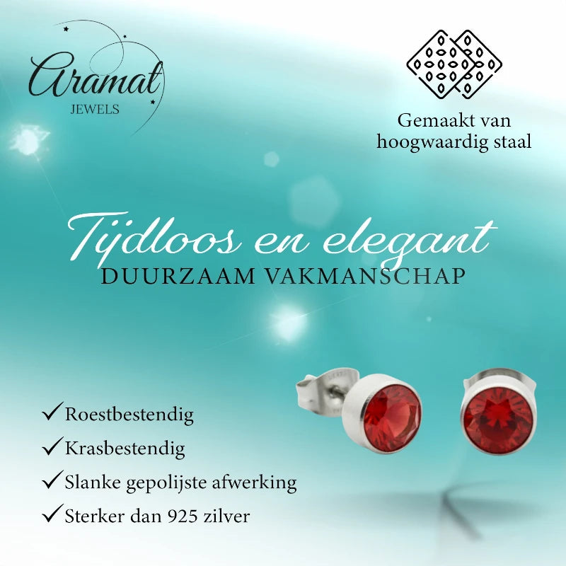 Oorstekers – Staal Kristal Rood Zilverkleur (7mm)