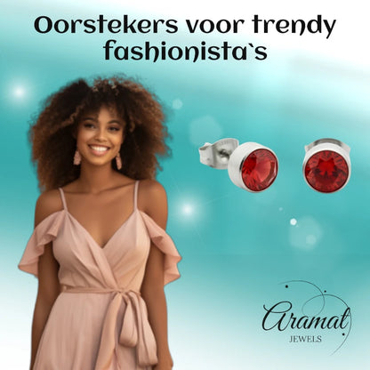 Oorstekers – Staal Kristal Rood Zilverkleur (7mm)
