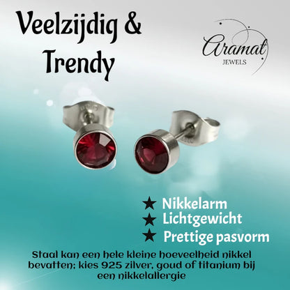 Oorstekers – Staal Kristal Rood Zilverkleur (5mm)