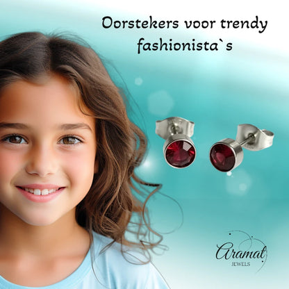 Oorstekers – Staal Kristal Rood Zilverkleur (5mm)