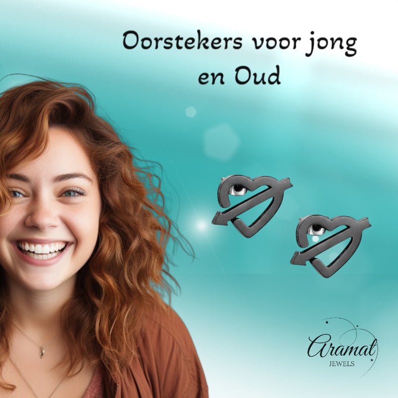 Roestvrij Staal Hart Pijl Oorbellen Zwart 9x8mm - Aramat Jewels - Oorbellen - cadeautip