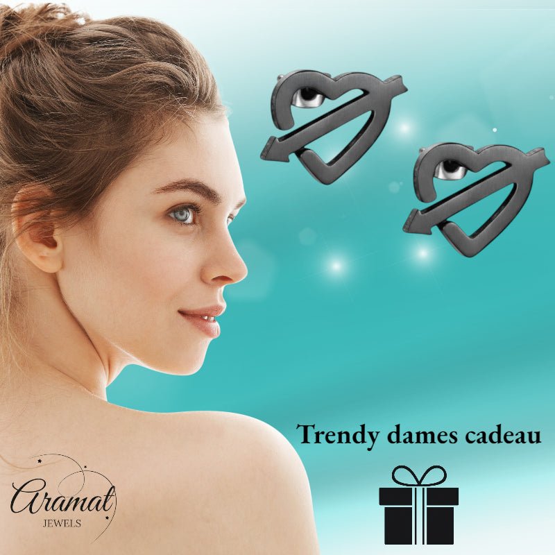 Roestvrij Staal Hart Pijl Oorbellen Zwart 9x8mm - Aramat Jewels - Oorbellen - cadeautip