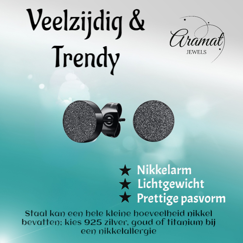 Zwarte RVS Oorstekers Mat 7mm Sandblasted