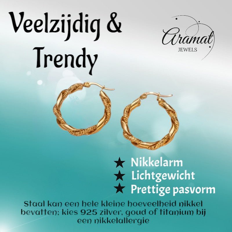 Ronde Oorringen RVS 30mm – Goudkleurig – Glad & Gedraaid Motief - oor6315 - 528902 - Oorringen kopen# - 30mm - alles - cadeau