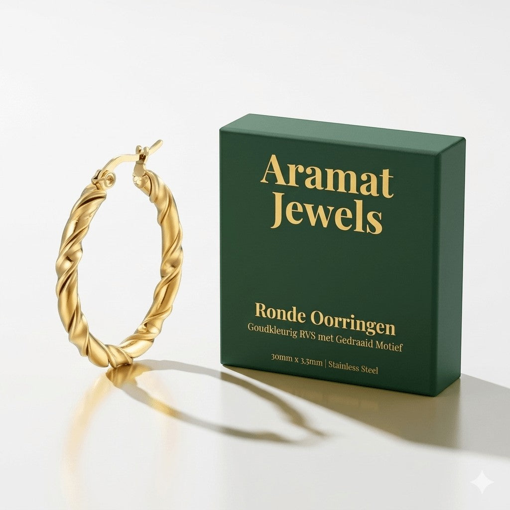 Ronde Oorringen RVS 30mm – Goudkleurig met Gedraaid Motief - Aramat Jewels - Oorringen - cadeautip