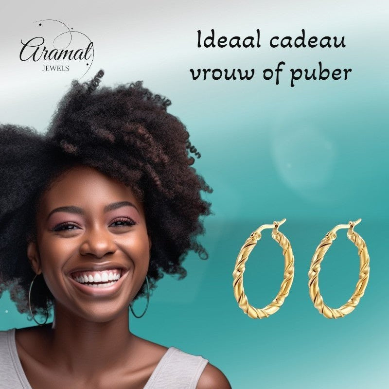 Ronde Oorringen RVS 30mm – Goudkleurig met Gedraaid Motief - oor6313 - MS - 023 - Oorringen kopen# - 30mm - alles - cadeau