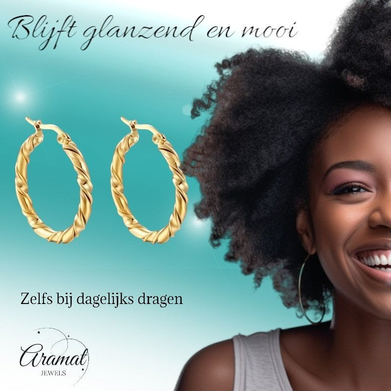 Ronde Oorringen RVS 30mm – Goudkleurig met Gedraaid Motief - oor6313 - MS - 023 - Oorringen kopen# - 30mm - alles - cadeau