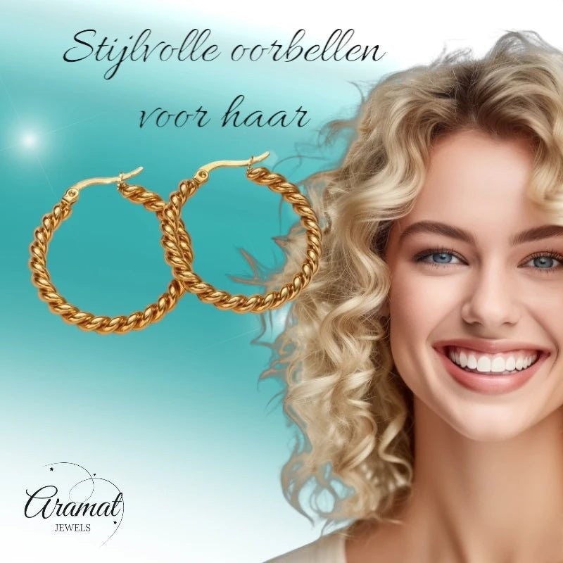 Ronde Oorringen RVS Goudkleurig – 30mm – Dubbel Gedraaid Motief - oor6317 - 528904 - Oorringen kopen# - 30mm - alles - cadeau