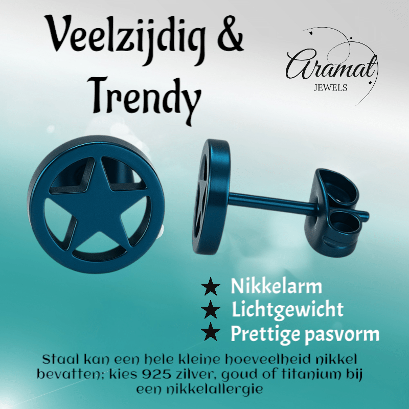 Ronde oorstekers met ster blauw RVS – 8mm - Aramat Jewels - Oorbellen - cadeautip
