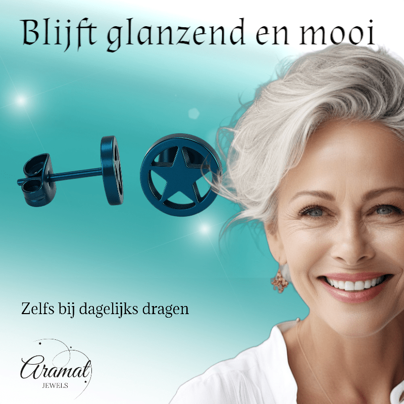 Ronde oorstekers met ster blauw RVS – 8mm - Aramat Jewels - Oorbellen - cadeautip