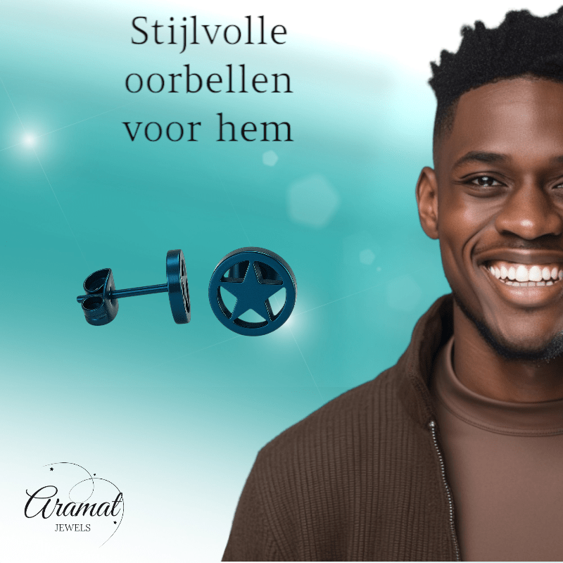 Ronde oorstekers met ster blauw RVS – 8mm - Aramat Jewels - Oorbellen - cadeautip