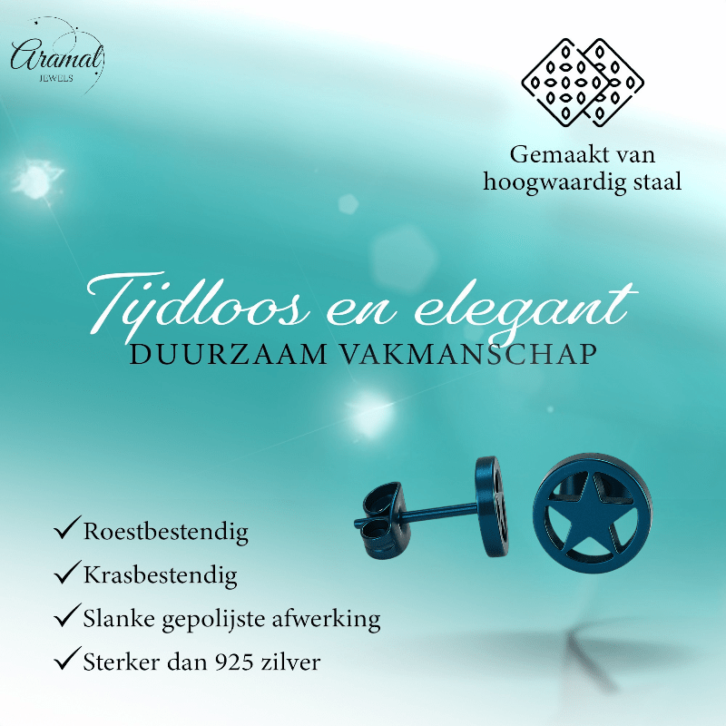 Ronde oorstekers met ster blauw RVS – 8mm - Aramat Jewels - Oorbellen - cadeautip