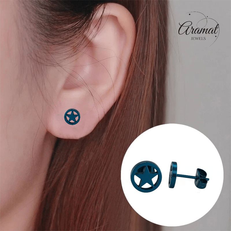 Ronde oorstekers met ster blauw RVS – 8mm - Aramat Jewels - Oorbellen - cadeautip