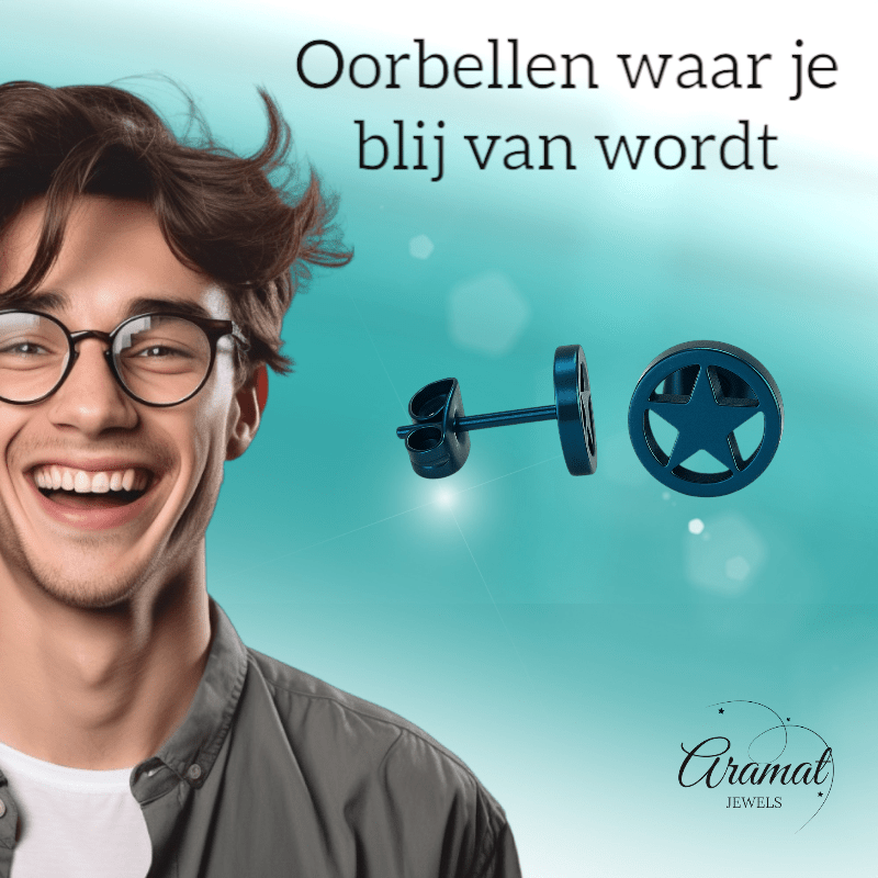 Ronde oorstekers met ster blauw RVS – 8mm - Aramat Jewels - Oorbellen - cadeautip