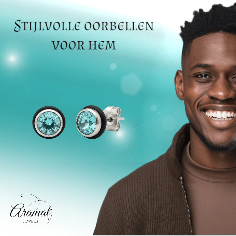 Ronde Stalen Oorbellen met Lichtblauwe Zirkonia - Aramat Jewels - Oorbellen - cadeautip