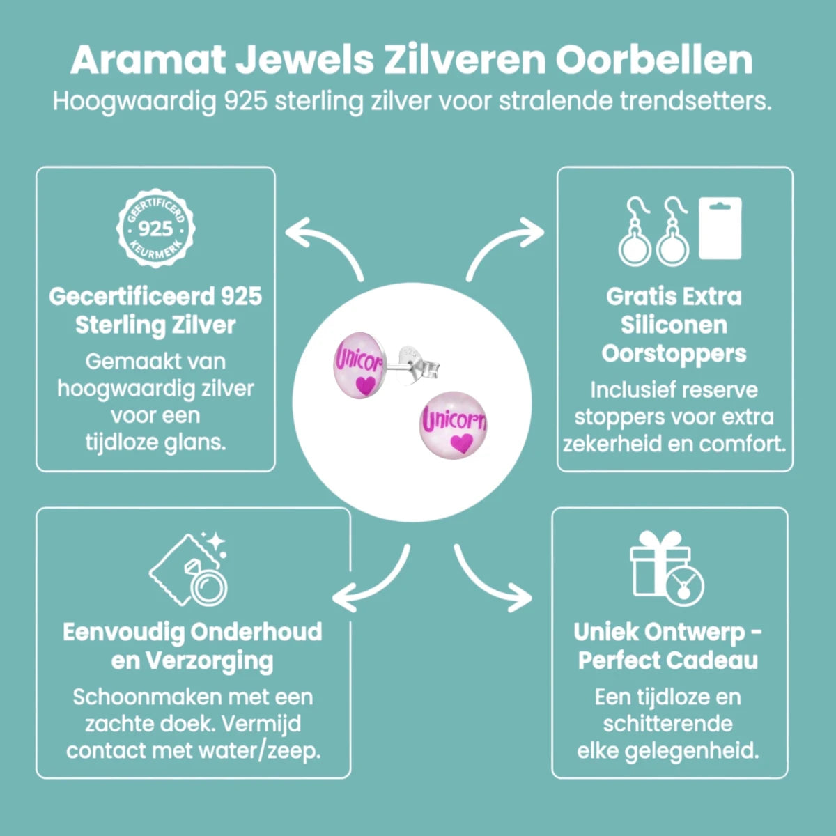 Ronde Zilveren Oorbellen - Unicorn Tekst & Roze Acryl - Aramat Jewels - Oorbellen - cadeautip