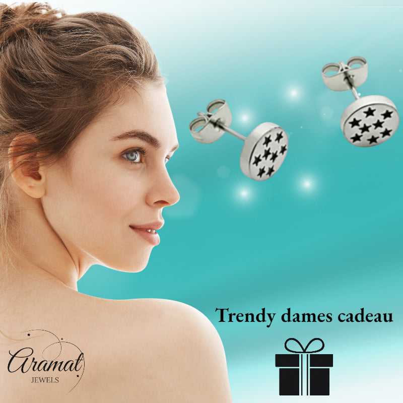 Boucles d'oreilles – Acier inoxydable motif étoile argent/noir (8 mm) 