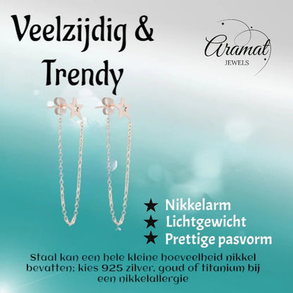 Rosékleurige ster oorbellen met kettinkje - oor161 - Oorbellen kopen# - 8mm - alles - cadeau
