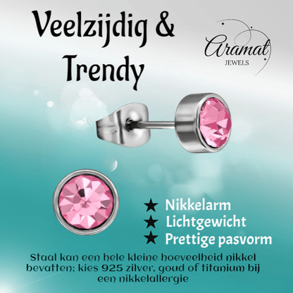 Roze kristal oorstekers – 5mm zilver RVS - Aramat Jewels - Oorbellen - cadeautip