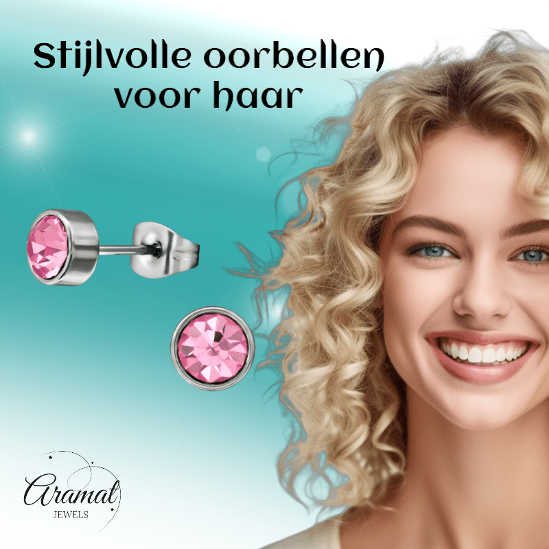 Roze kristal oorstekers – 5mm zilver RVS - Aramat Jewels - Oorbellen - cadeautip