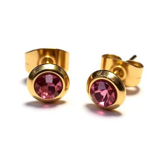 Boucles d'oreilles puces – Acier inoxydable doré avec cristal rose (6 mm) 