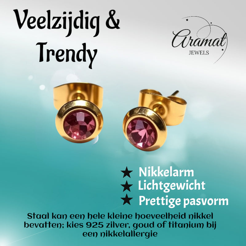 Zweerknopjes – RVS Goudkleurig met Roze Kristal (6mm)