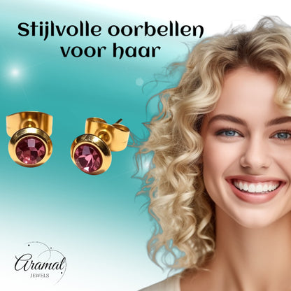 Zweerknopjes – RVS Goudkleurig met Roze Kristal (6mm)