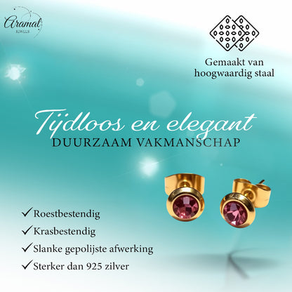 Zweerknopjes – RVS Goudkleurig met Roze Kristal (6mm)