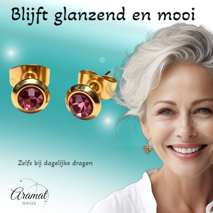 Zweerknopjes – RVS Goudkleurig met Roze Kristal (6mm)