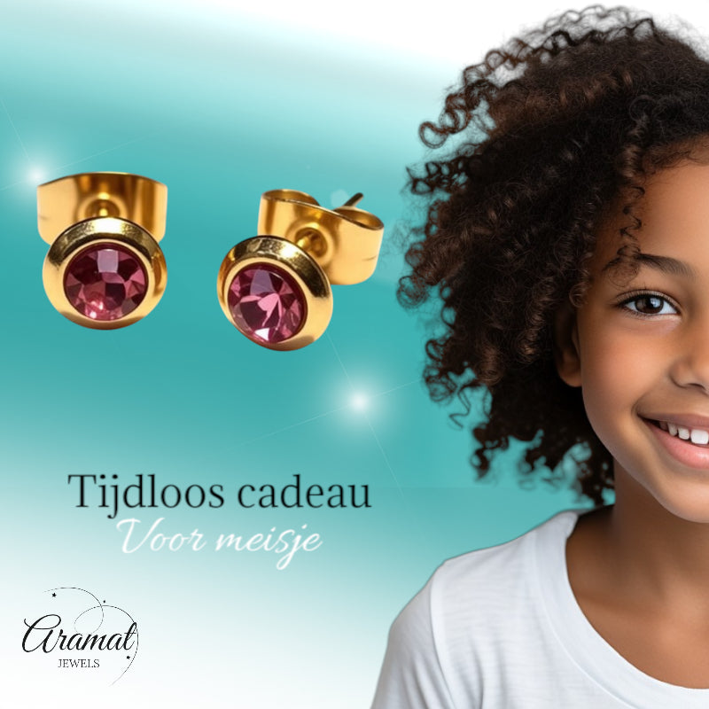 Zweerknopjes – RVS Goudkleurig met Roze Kristal (6mm)