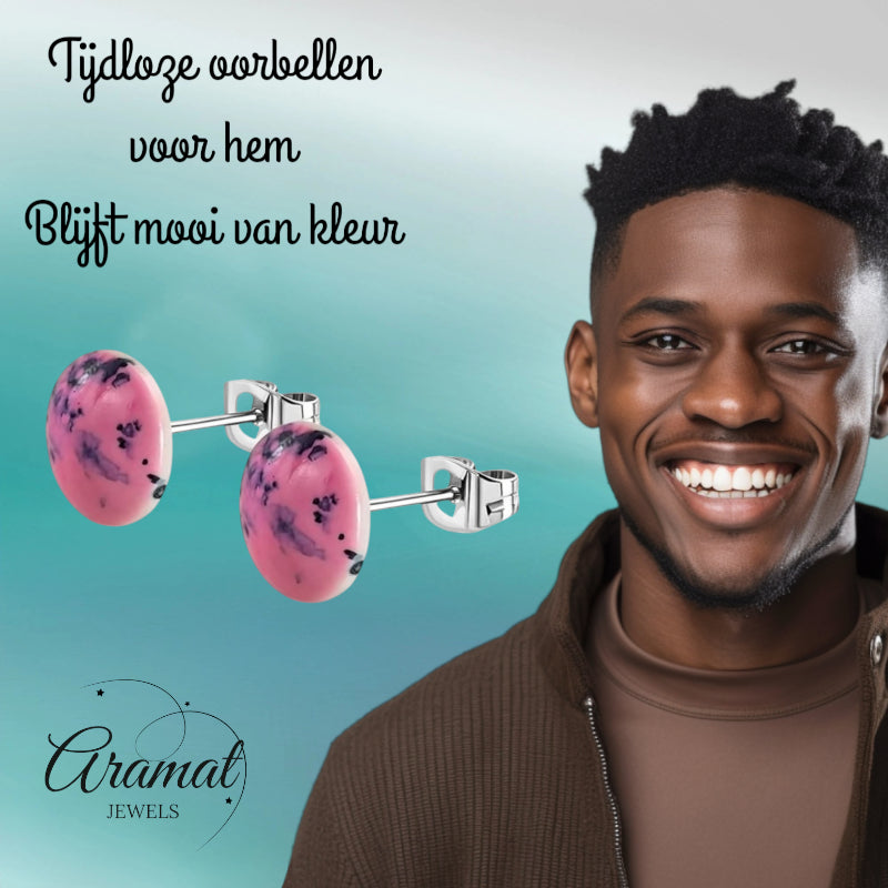 Boucles d'oreilles puces – Acier inoxydable aspect marbre rose rond (12 mm) 