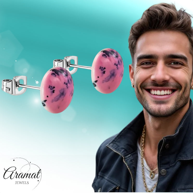 Boucles d'oreilles puces – Acier inoxydable aspect marbre rose rond (12 mm) 