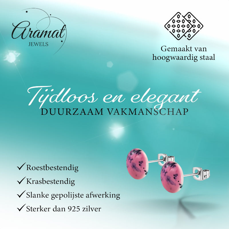 Boucles d'oreilles puces – Acier inoxydable aspect marbre rose rond (12 mm) 