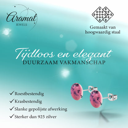 Boucles d'oreilles puces – Acier inoxydable aspect marbre rose rond (12 mm) 