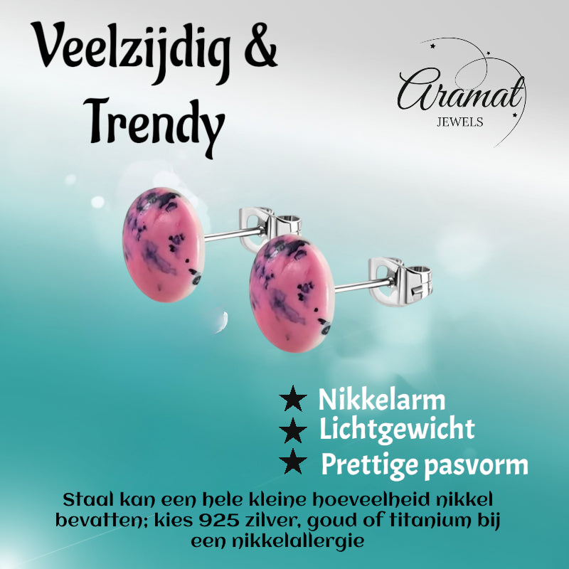 Boucles d'oreilles puces – Acier inoxydable aspect marbre rose rond (12 mm) 