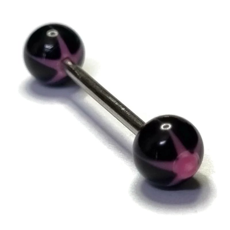 Een close-up van een paar zwarte en roze ballen