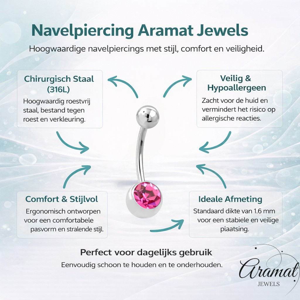 Roze Zirkonia Stalen Navelpiercing met Steen