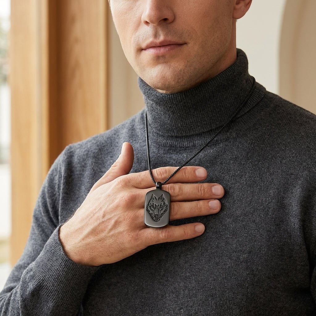 RVS Ashanger Rechthoek met Wolf - Zwart - Aramat Jewels - Gedenkhangers - cadeautip