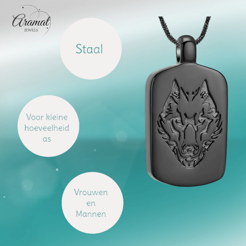 RVS Ashanger Rechthoek met Wolf - Zwart - hang1472 - IJD23037 - Gedenkhangers kopen# - 35mm - alles - ashangers
