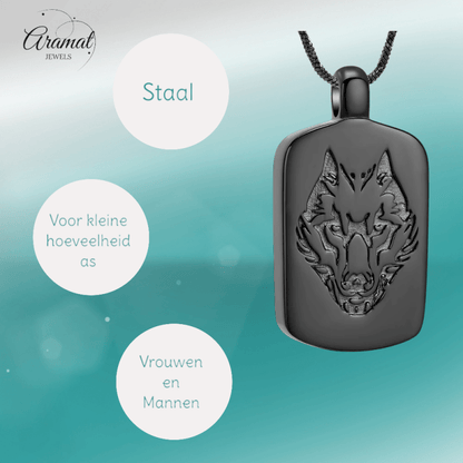 RVS Ashanger Rechthoek met Wolf - Zwart - hang1472 - IJD23037 - Gedenkhangers kopen# - 35mm - alles - ashangers