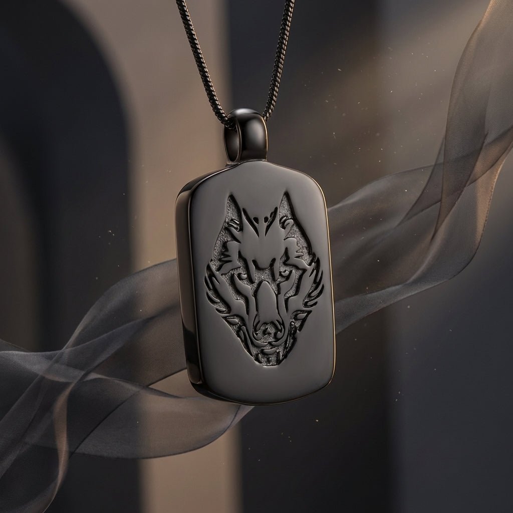 RVS Ashanger Rechthoek met Wolf - Zwart - Aramat Jewels - Gedenkhangers - cadeautip