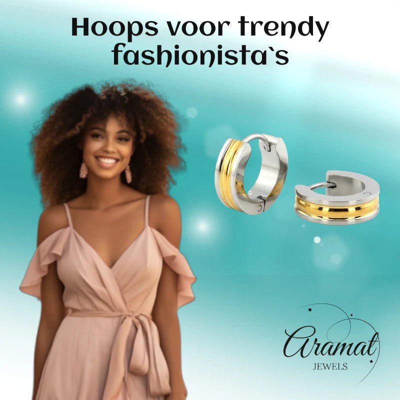 RVS Bicolor Creolen Goud Zilver 20mm - Huggie Oorringen Unisex - Aramat Jewels - Oorringen - cadeautip
